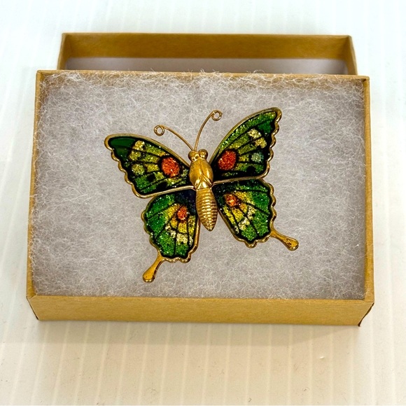 Vintage Glitter Sparkly Orange/Green Goldtone Enamel Metal Butterfly Brooch Pin - Picture 1 of 5